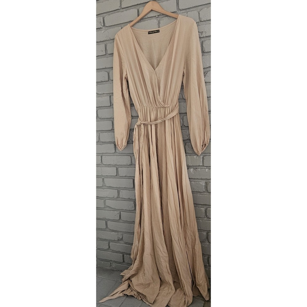 Erika‎ Peña Maxi Dress M/L V-Neck Wrap Surplice Boho Bali Sand Beige Wedding
